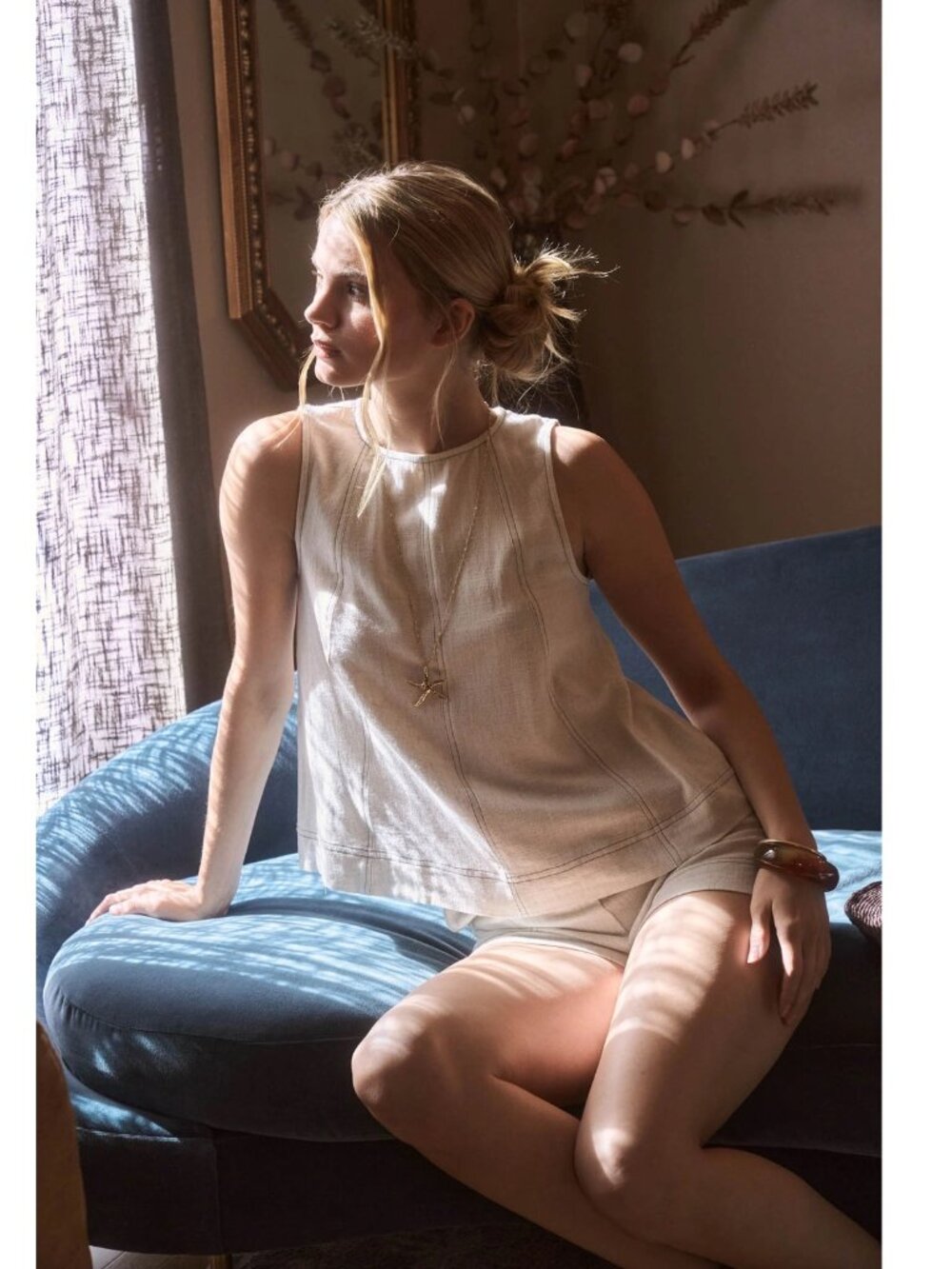 Ivory Stitch Panel Detail Linen Sleeveless Top and Shorts Set